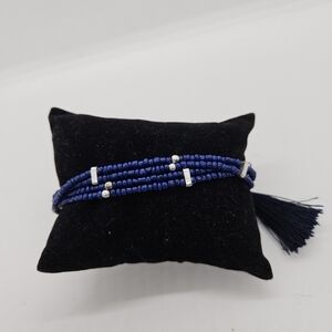 blue and silver seed bead stretch wrap bracelet with tassel